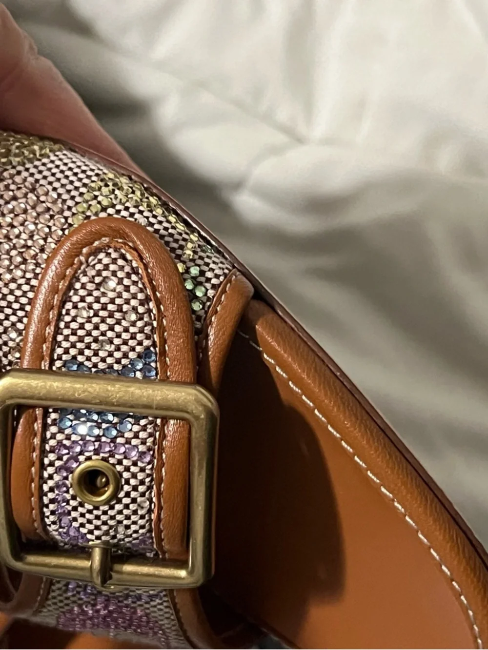 Coach Tan Leather Slide Sandals with Multicolor Woven Strap - Picture 8 of 12